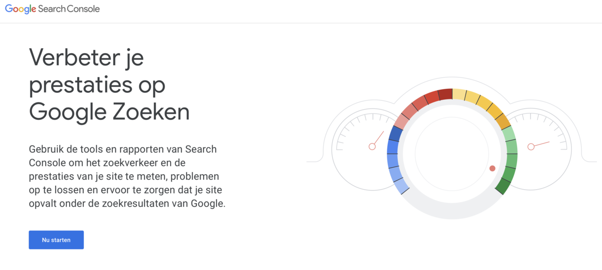 Screenshot van Google Search Console: Nu starten