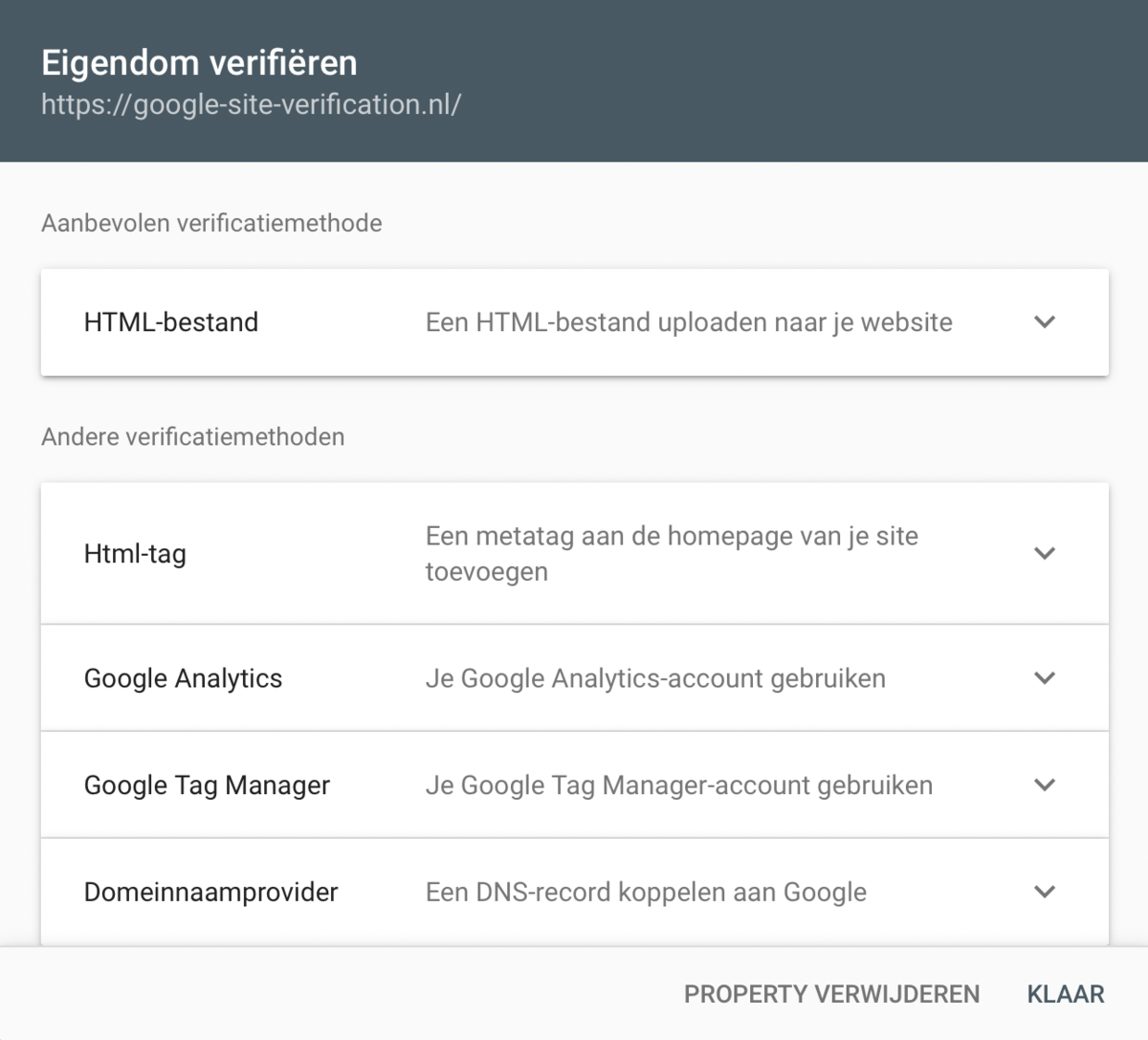 Screenshot van Google Search Console: Metatag kopieren