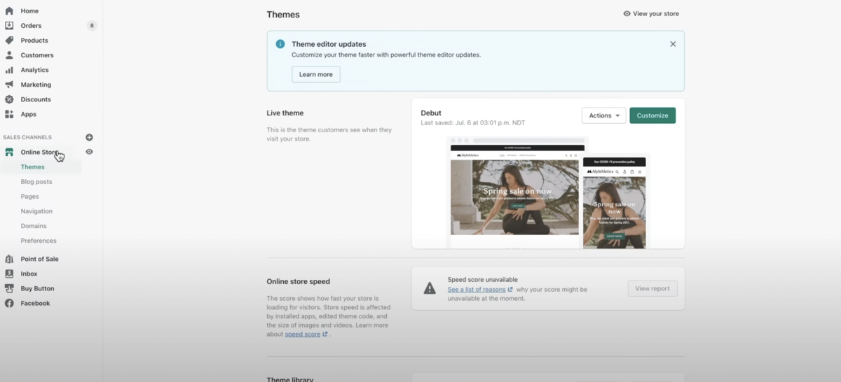 Screenshot van het Shopify Beheercentrum: Thema's