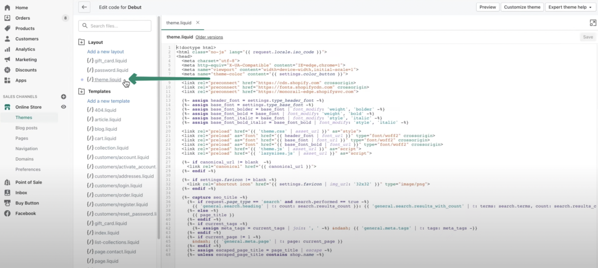 Screenshot van het Shopify Beheercentrum: Code bewerken