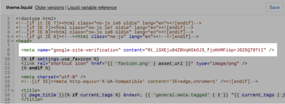 Screenshot van het Shopify Beheercentrum: HTML tag invoegen