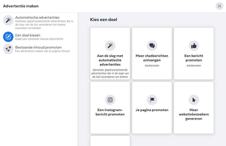 Facebook Ads doel kiezen