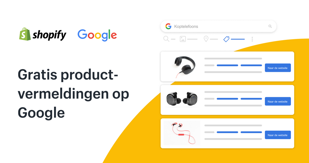 Banner met Shopify logo en de tekst 'Gratis productvermeldingen op Google'