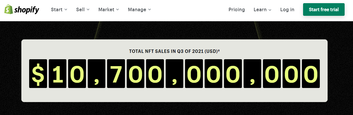 Screenshot van de totale waarde van de NFT verkoop op Shopify in het 3e kwartaal van 2021: 10,7 biljoen dollar