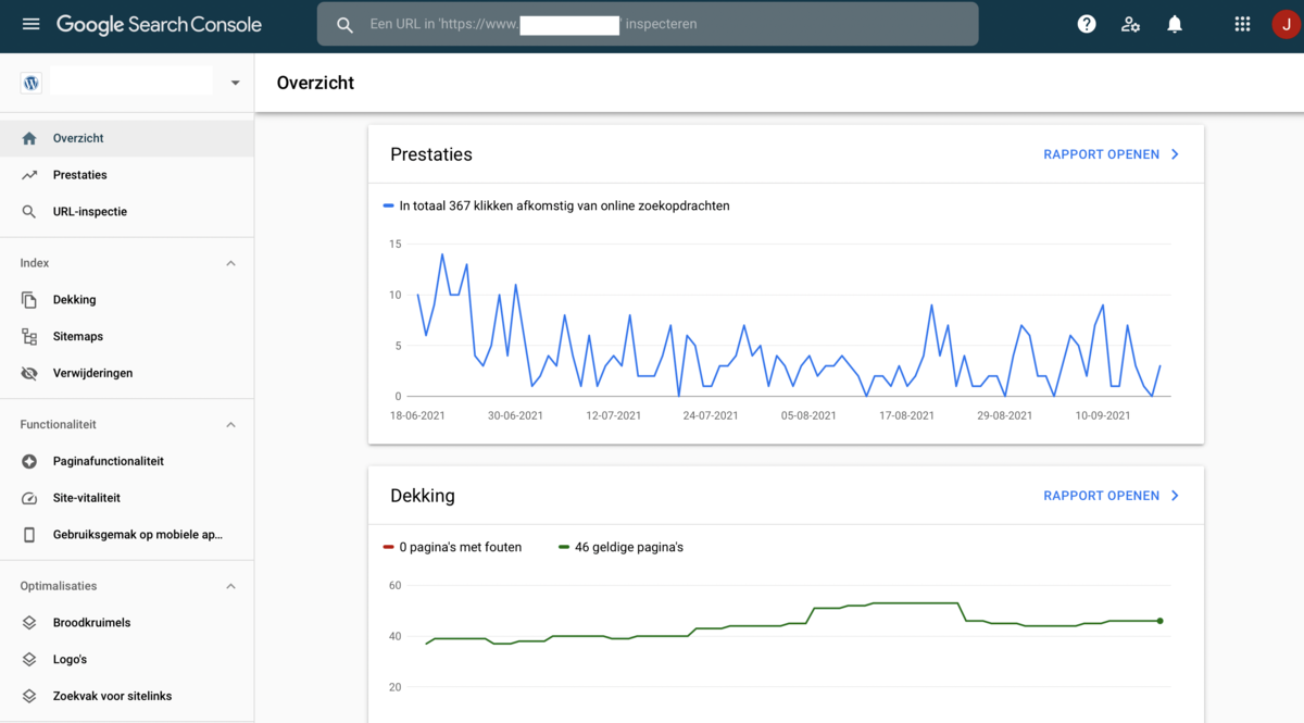 Screenshot van Google Search Console: overzichtspagina