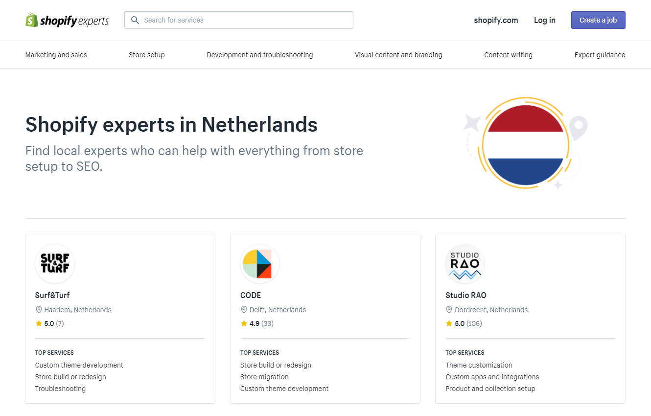 Screenshot van de Shopify expert directory voor Nederland