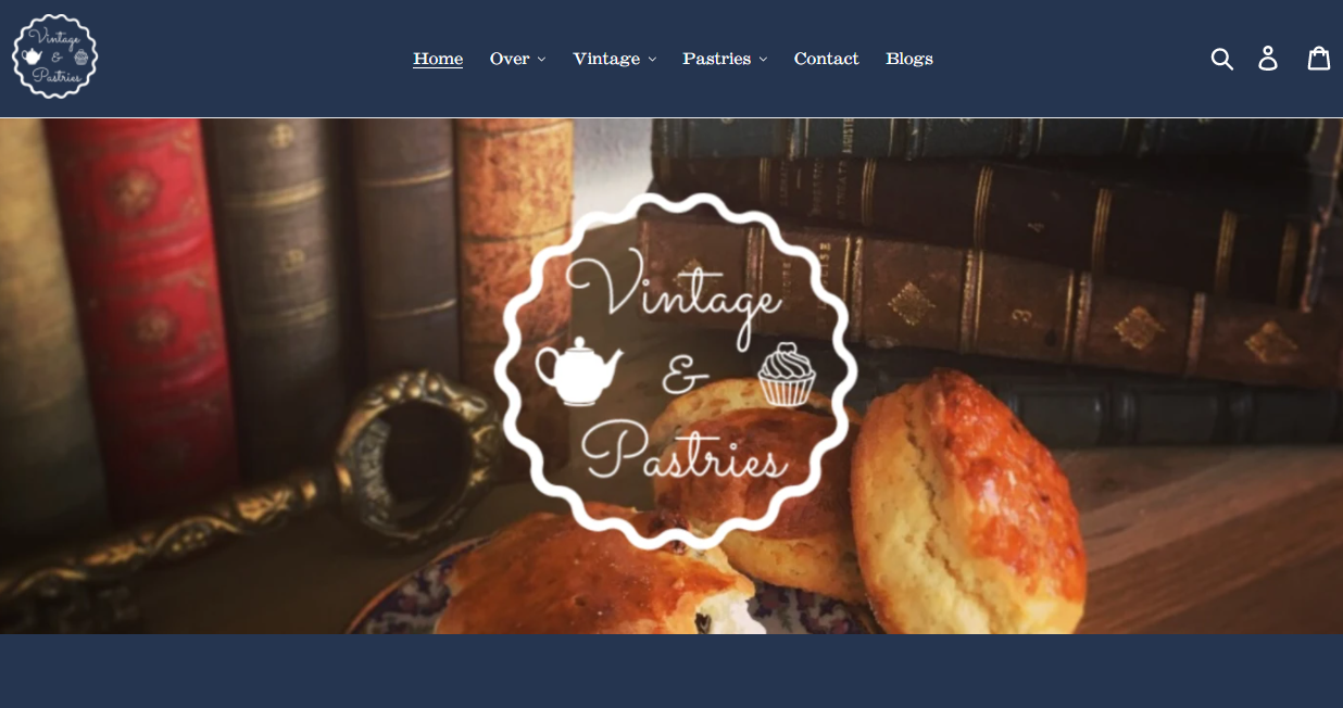 Screenshot van Vintageandpastries.nl, een Shopify webshop in tweedehands spullen en gebak