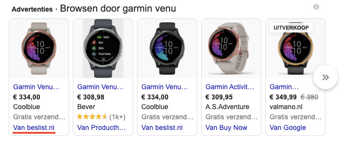 Google Shopping met onder een advertentie de tekst: 'van Beslist.nl'