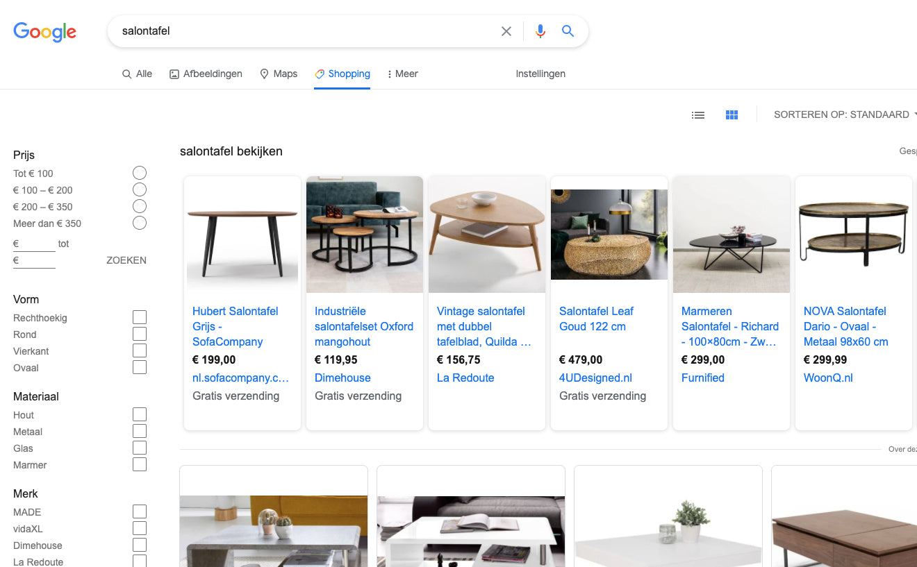 Google Shopping tabblad