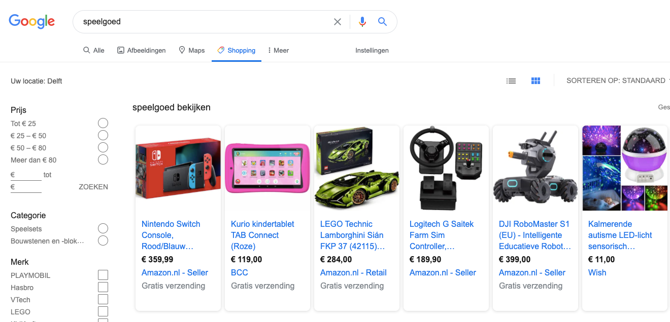 Google Shopping resultatenlijst
