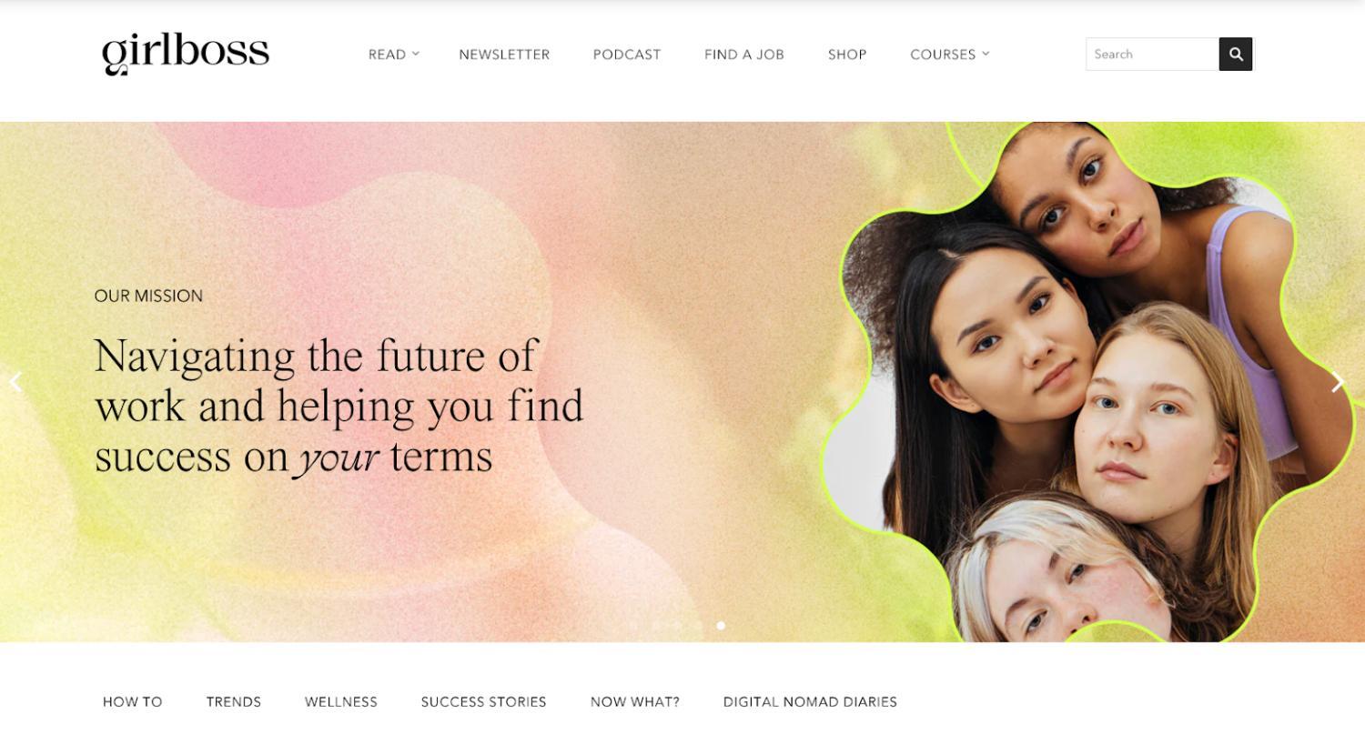 Girlboss homepage met vier vrouwen en een missieverklaring, als voorbeeld van beste website ontwerpen