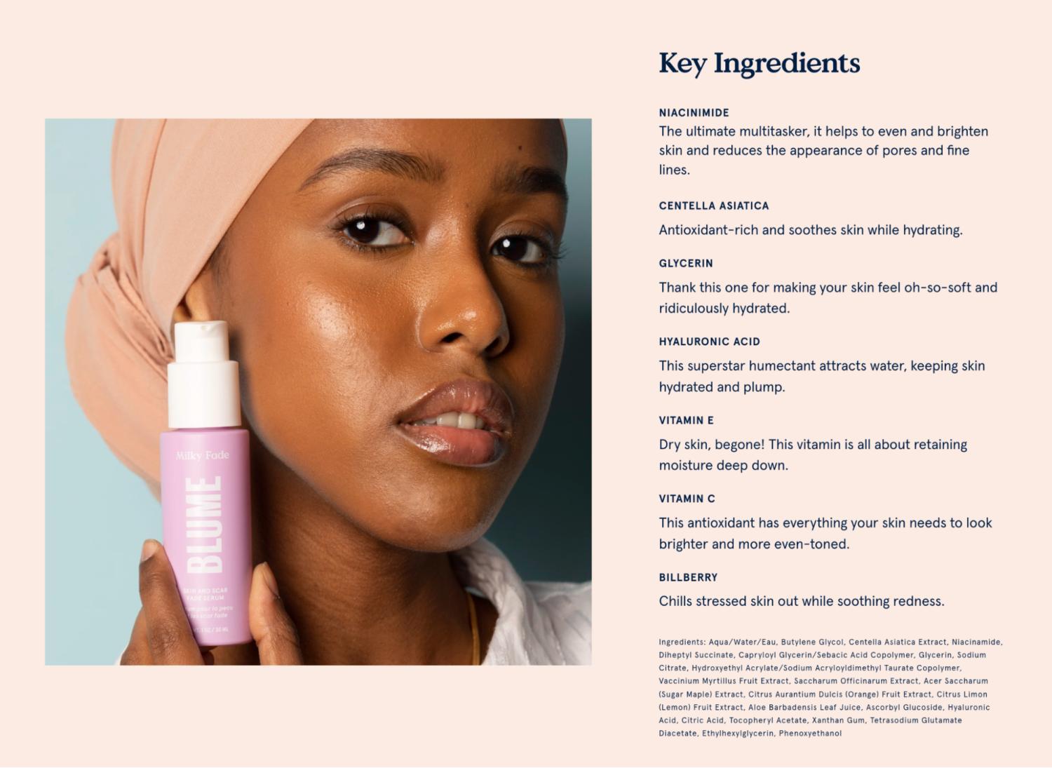 Blume website met een overzicht van de ingrediënten van een product. 