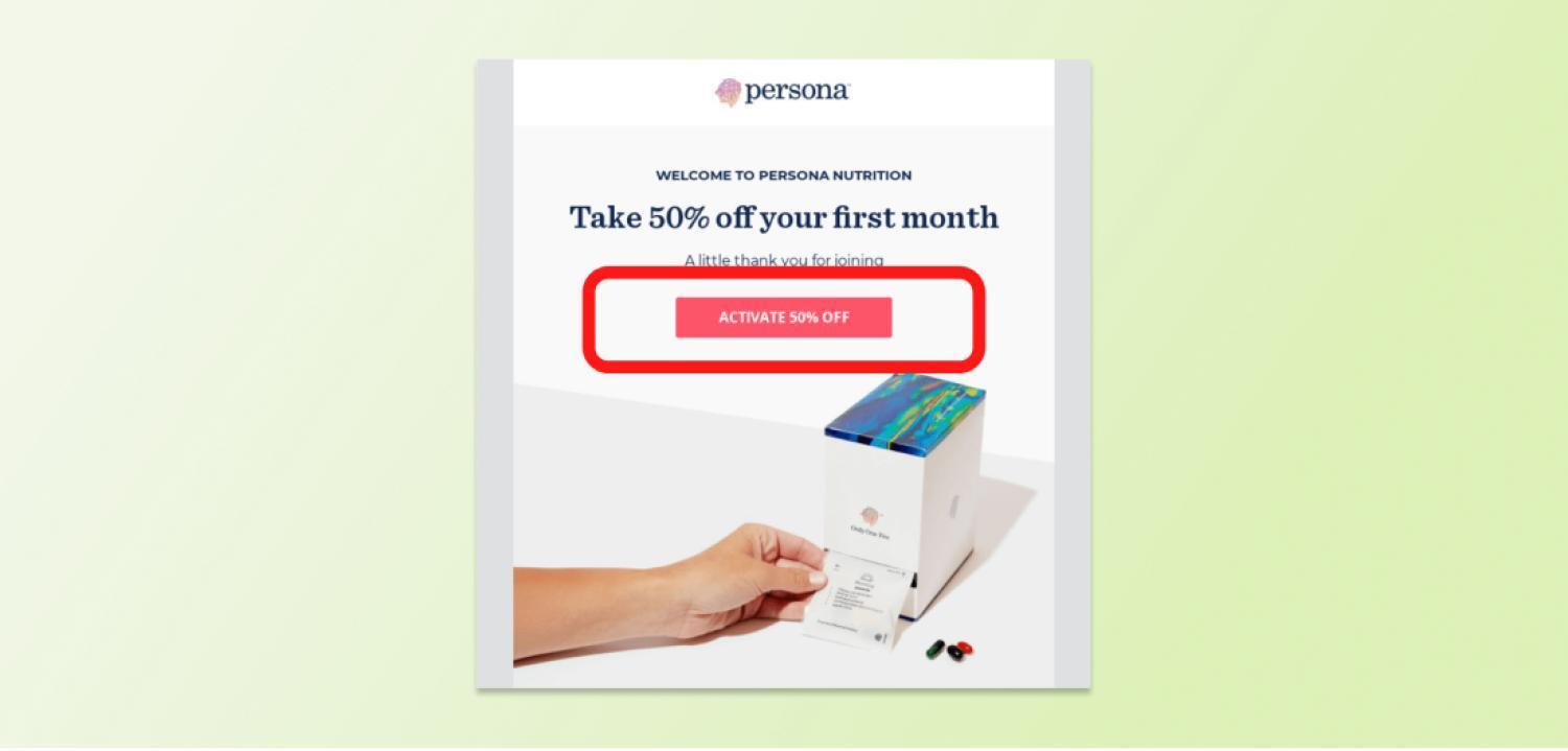 Een grote rode knop met de tekst “activeer 50% korting” domineert deze welkomstmail.