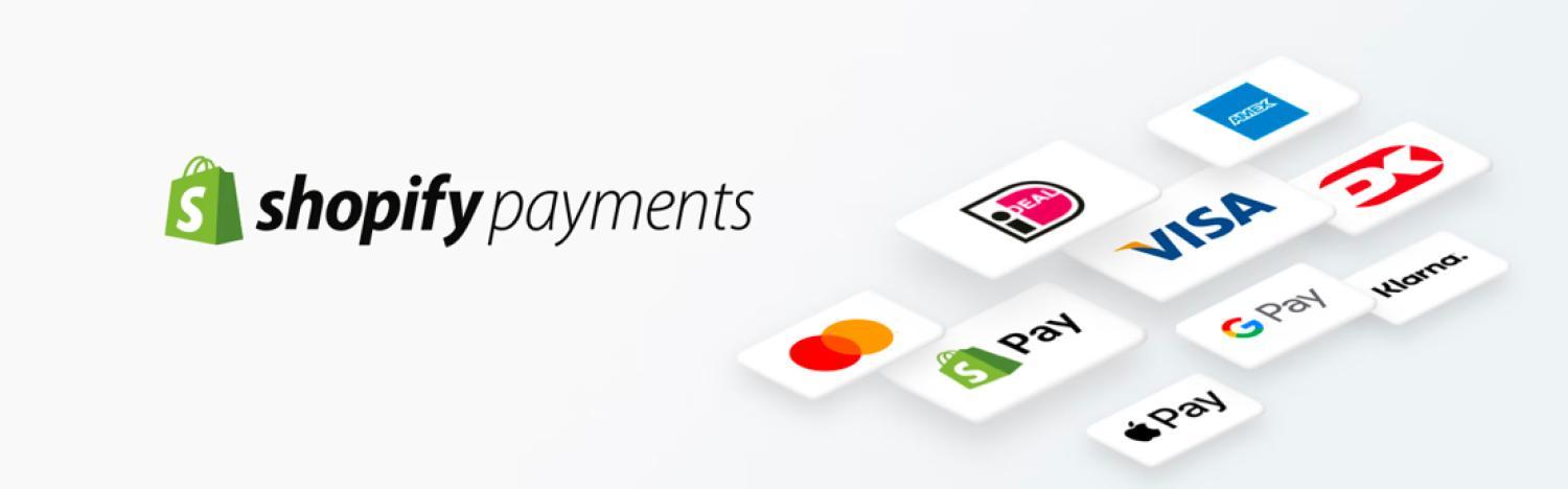 Shopify payments logo naast betegelde logo's van betalingsgateways zoals Mastercard en Visa.