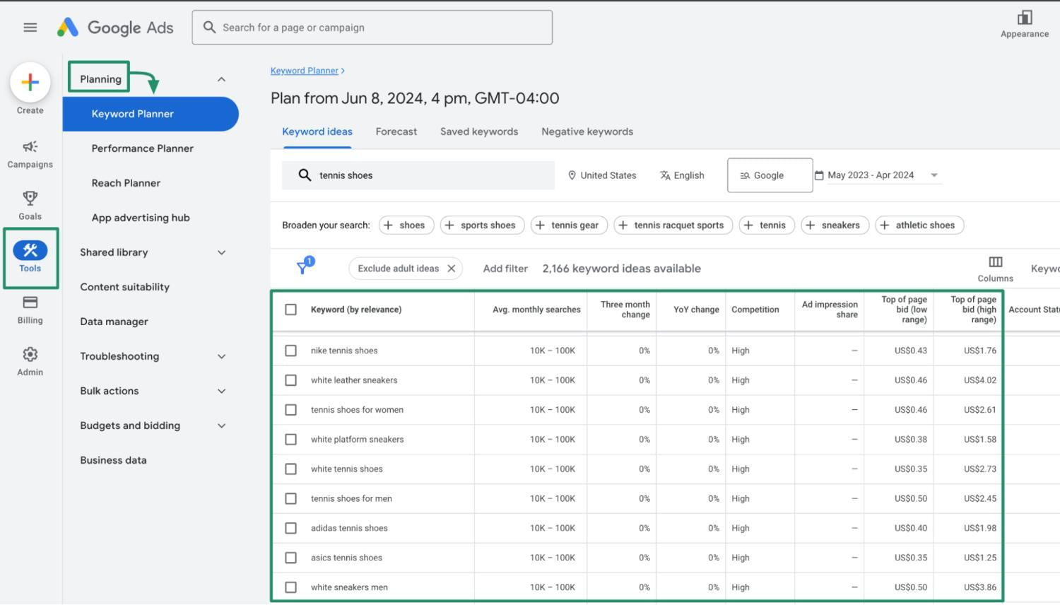 Zoekwoordideeën in Google Ads zoekwoordplanner