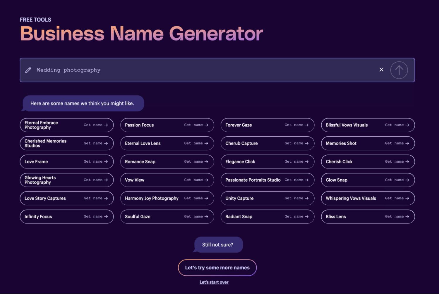Afbeelding van Shopify’s Bedrijfsnaamgenerator met namen voor bruidsfotografie
