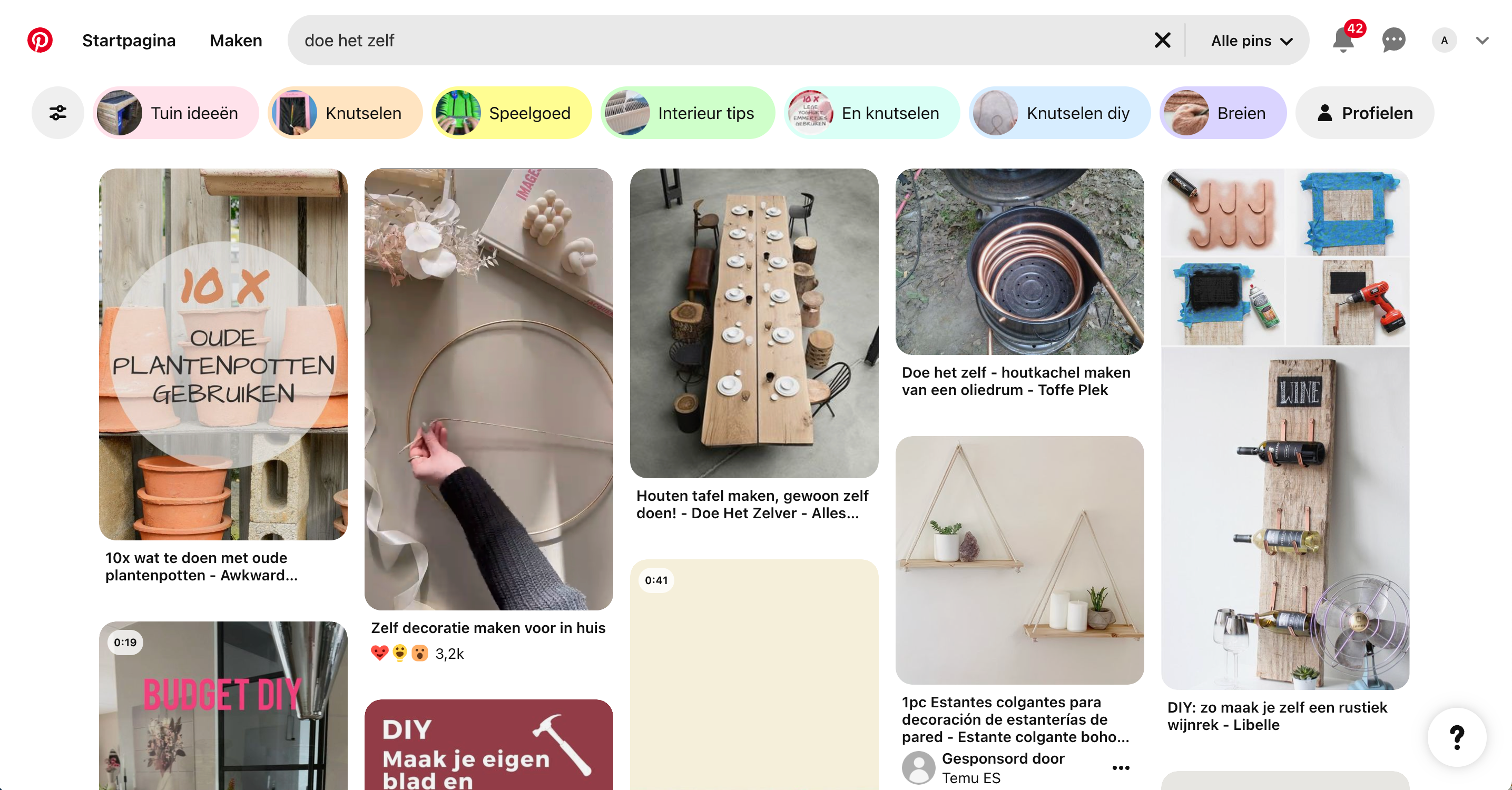 Een screenshot van Pinterest, dat de resultaten voor de zoekterm 'doe het zelf' laat zien.