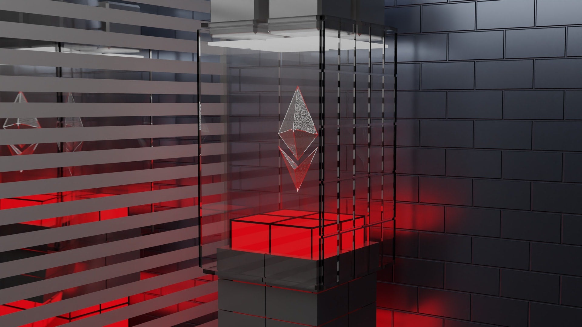 3D illustratie van een transparant blok met ethereum