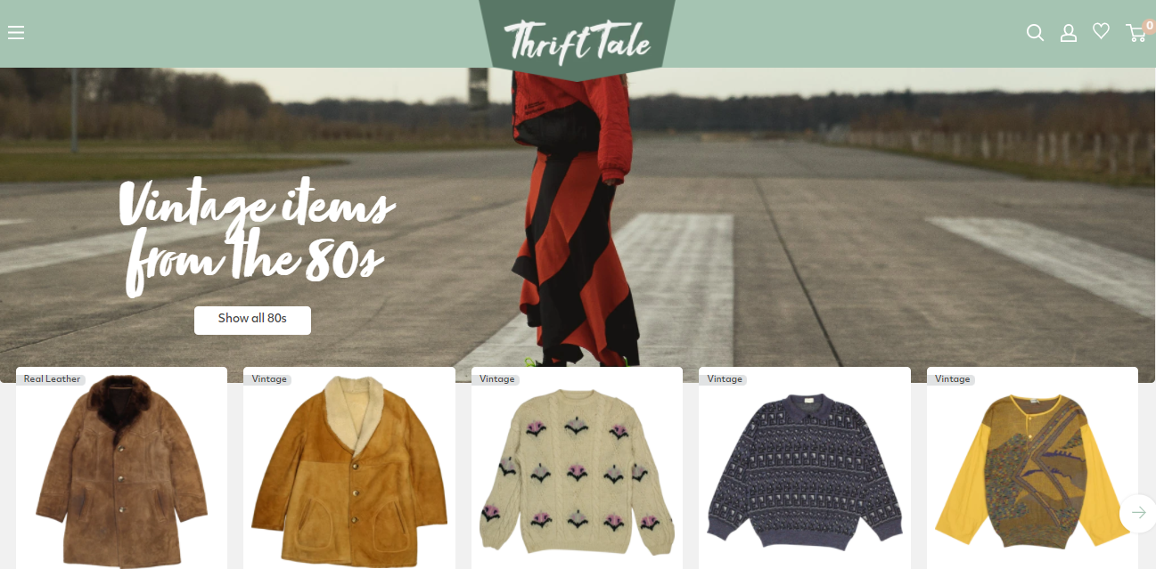 Screenshot van Thrifttale.nl, een Shopify webshop die tweedehands kleding verkoopt