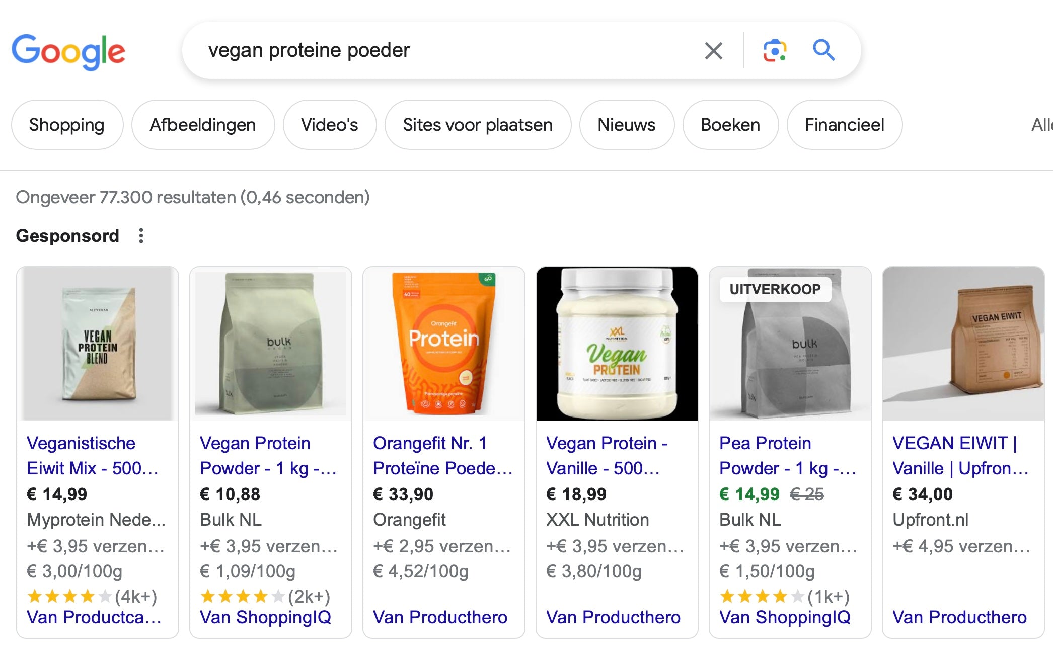 Een screenshot van de Google-zoekresultaten voor de zoekterm "vegan proteine poeder"