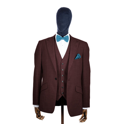 Airforce Blue knitted bow tie and pocket square with brown suit on a mannequin-BroniandBo