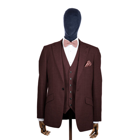 Antique Rose knitted bow tie and pocket square with brown suit on a mannequin-BroniandBo