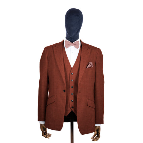 Antique Rose knitted bow tie and pocket square with rust suit on a mannequin-BroniandBo