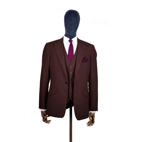 Berry Pink knitted tie and pocket square with brown suit on a mannequin-BroniandBo