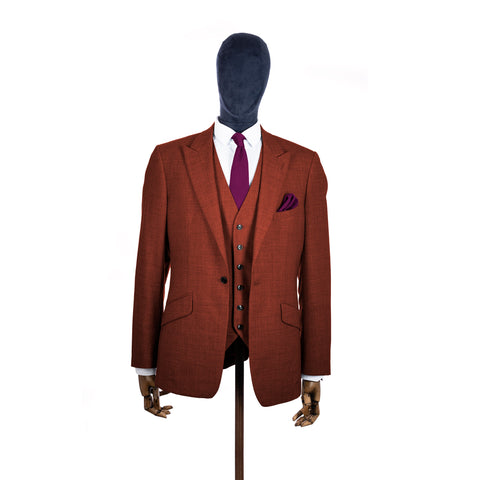 Berry Pink knitted tie and pocket square with rust suit on a mannequin-BroniandBo