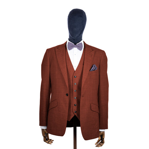 Blue Lilac knitted bow tie and pocket square with rust suit on a mannequin-BroniandBo