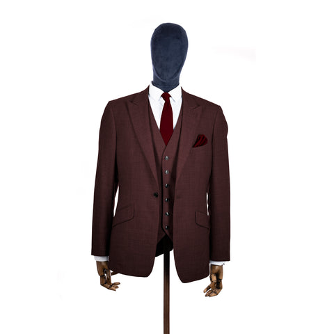 Burgundy knitted tie and pocket square with brown suit on a mannequin-BroniandBo
