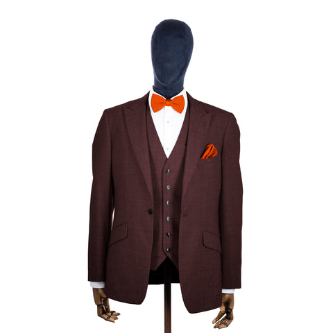 Burnt Orange knitted bow tie and pocket square with brown suit on a mannequin-BroniandBo