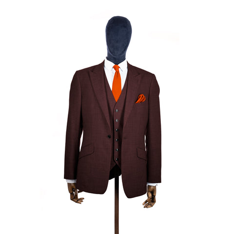Burnt Orange knitted tie and pocket square with brown suit on a mannequin-BroniandBo