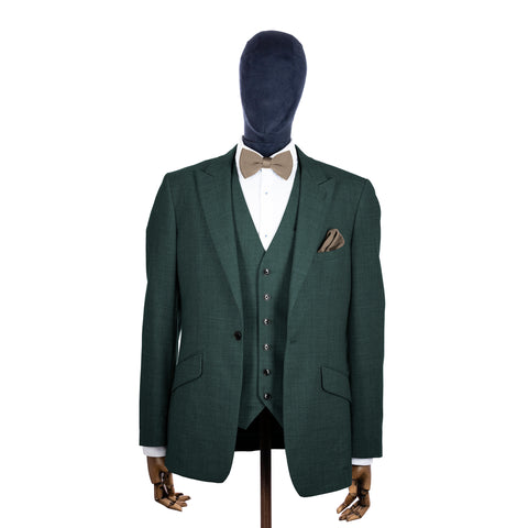 Champagne knitted bow tie and pocket square with green suit on a mannequin-BroniandBo