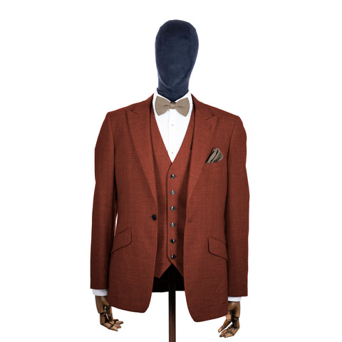 Champagne knitted bow tie and pocket square with rust suit on a mannequin-BroniandBo