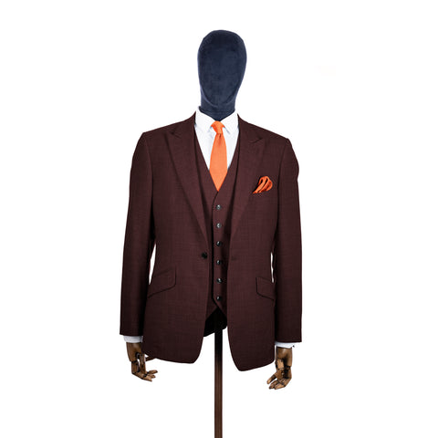 Coral Fusion knitted tie and pocket square with brown suit on a mannequin-BroniandBo