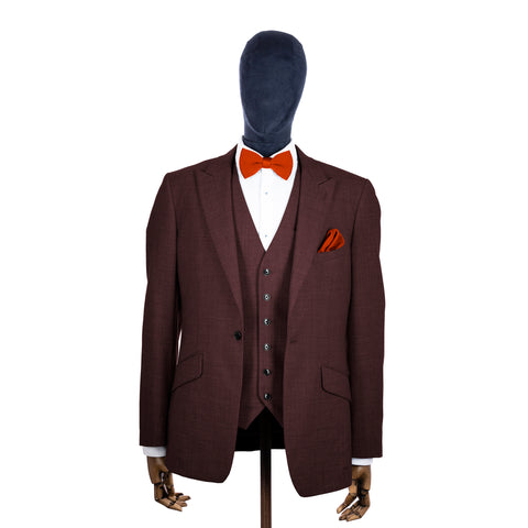 Dark Burnt Orange knitted bow tie and pocket square with brown suit on a mannequin-BroniandBo