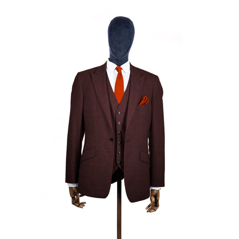 Dark Burnt Orange knitted tie and pocket square with brown suit on a mannequin-BroniandBo