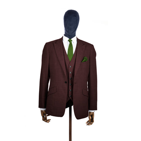 Dark Olive Green knitted tie and pocket square with brown suit on a mannequin-BroniandBo