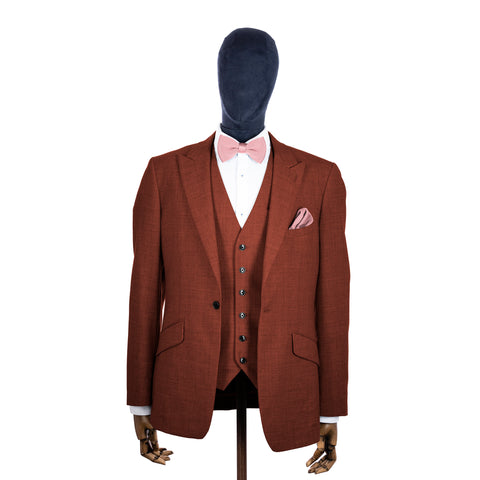 Dusty Pink knitted bow tie and pocket square with rust suit on a mannequin-BroniandBo