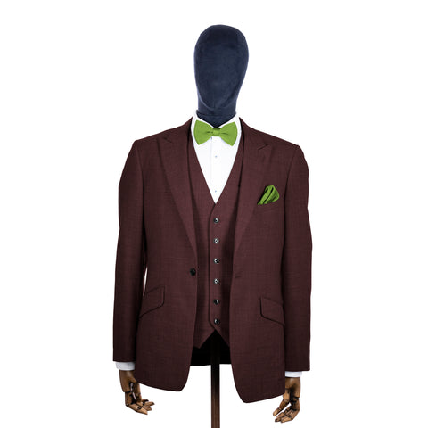 Emeral Green knitted bow tie and pocket square with brown suit on a mannequin-BroniandBo