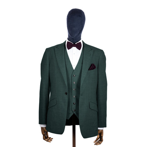 English Violet knitted bow tie and pocket square with green suit on a mannequin-BroniandBo