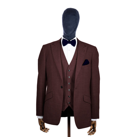 Ink Blue knitted bow tie and pocket square with brown suit on a mannequin-BroniandBo