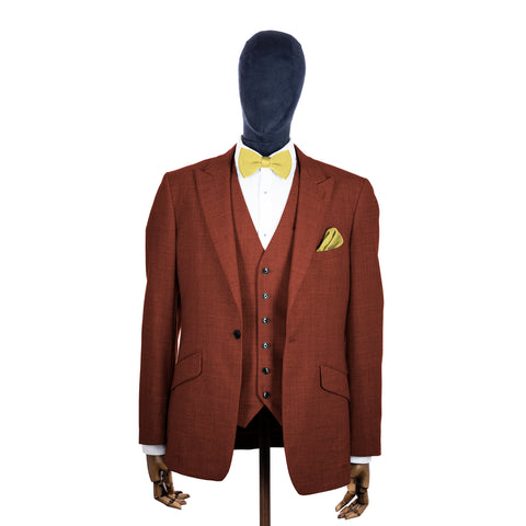 Mellow Yellow knitted bow tie and pocket square with rust suit on a mannequin-BroniandBo