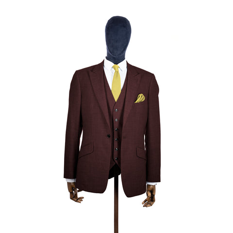 Mellow Yellow knitted tie and pocket square with brown suit on a mannequin-BroniandBo