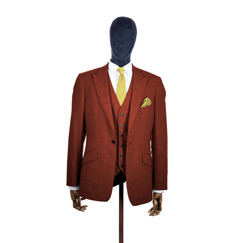 Mellow Yellow knitted tie and pocket square with rust suit on a mannequin-BroniandBo