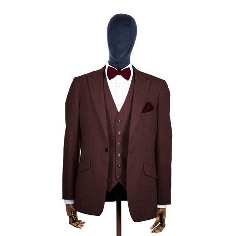 Mulberry knitted bow tie and pocket square with brown suit on a mannequin-BroniandBo