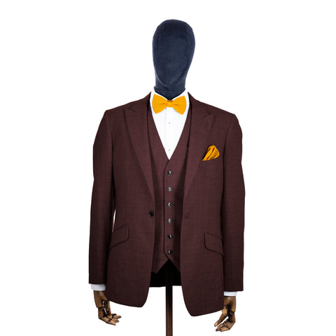 Mustard Yellow knitted bow tie and pocket square with brown suit on a mannequin-BroniandBo