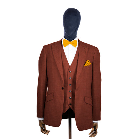 Mustard Yellow knitted bow tie and pocket square with rust suit on a mannequin-BroniandBo