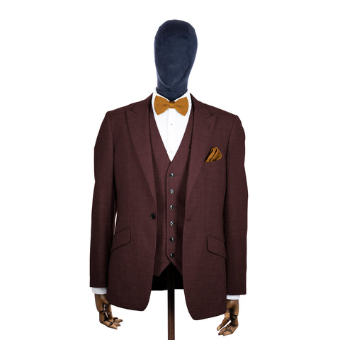 Orange Ember knitted bow tie and pocket square with brown suit on a mannequin-BroniandBo